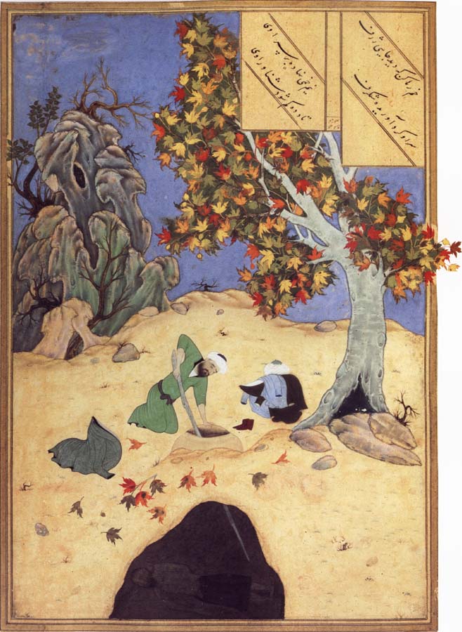 The saintly Bishr fishes up the corpse of the blaspheming Malikha from the magic well which is the fount fo life