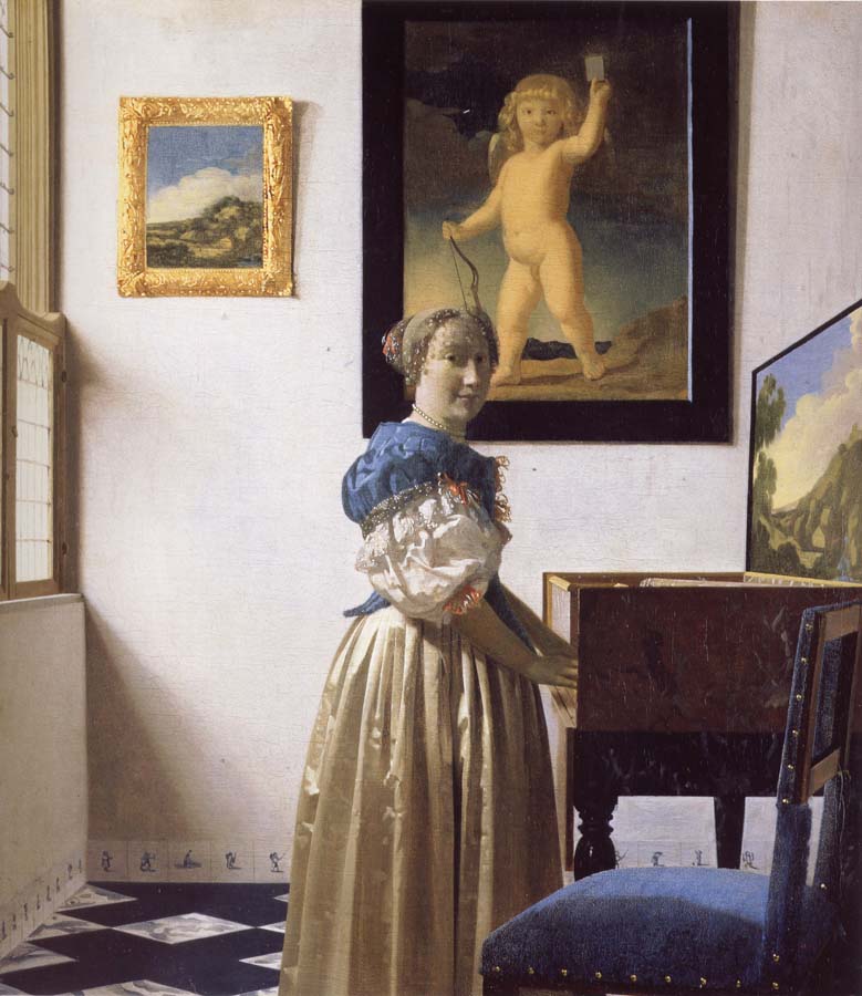 A Young Woman Standing at a Virginal