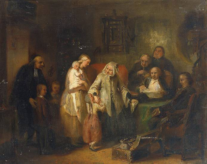 Young widow and four children at the opening of the last will
