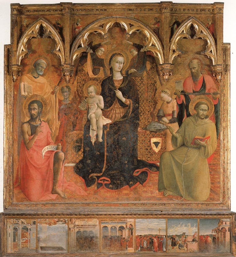 Madonna and Child Enthroned with Four Angels and SS.John the Baptist,Peter,Francis,and Paul