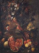 Anonymous Stilleben mit Blumen, aufgeschnittener Melone und anderem Obst sowie einem Papagei painting