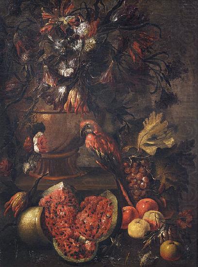 Anonymous Stilleben mit Blumen, aufgeschnittener Melone und anderem Obst sowie einem Papagei china oil painting image