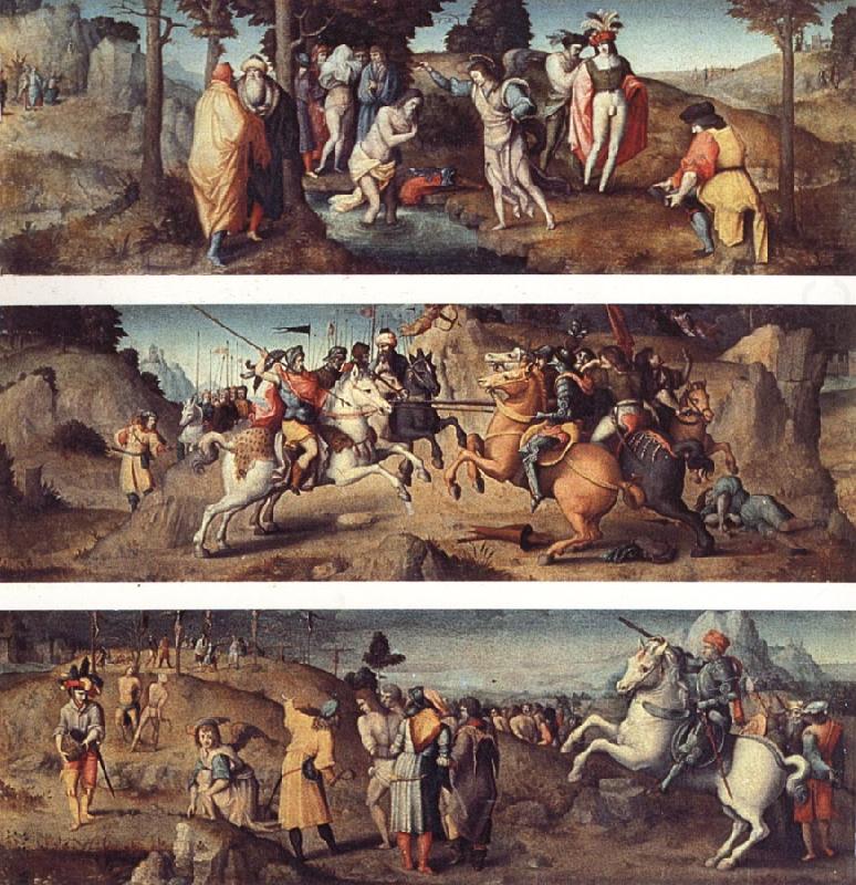 Bachiacca The Baptism of St.Acacius and Company St.Acacius Combats the Rebels with the Help of the Angels The Martyrdom of St.Acacius and Company china oil painting image