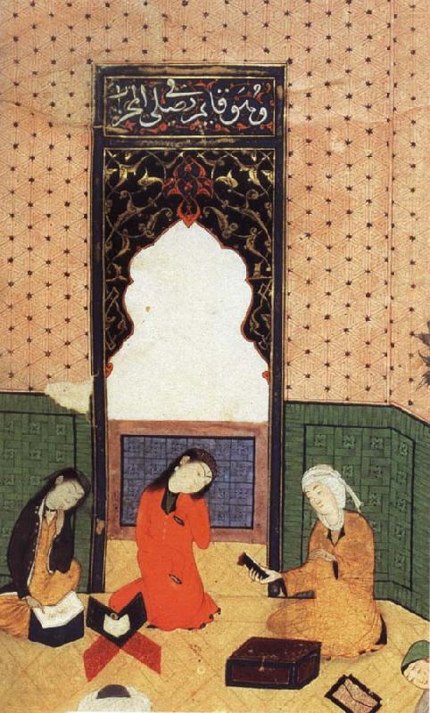 the theophany through Layli sitting framed within the prayer niche, Bihzad
