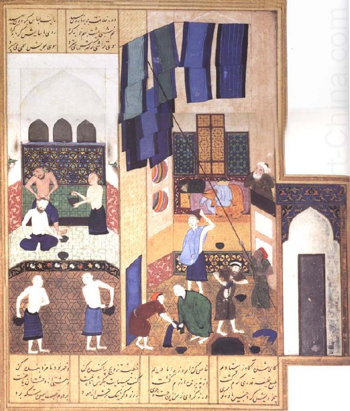 Caliph al-Ma-mun in his bath, Bihzad