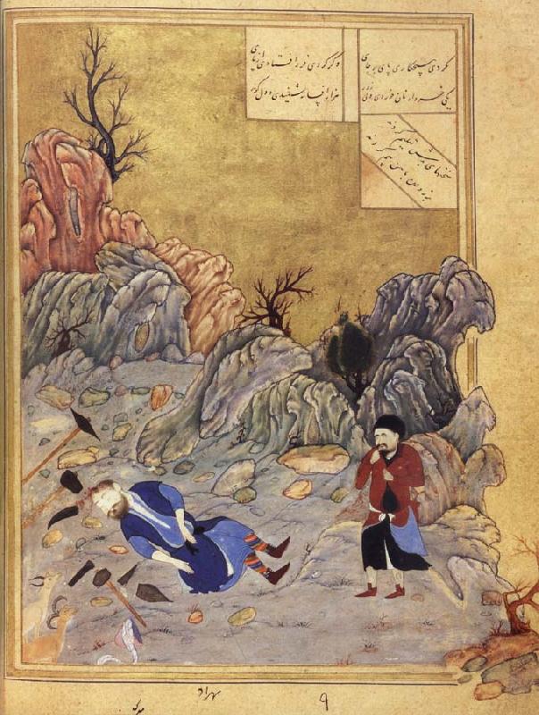 The suicide of the artist Farhad,forbidden union with the lovely Shirin, Bihzad