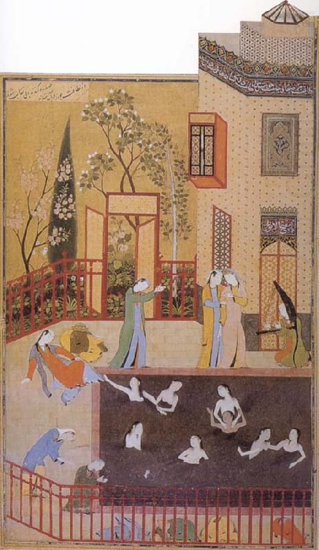The Master of the garden espies the maidens bathing in his pool, Bihzad