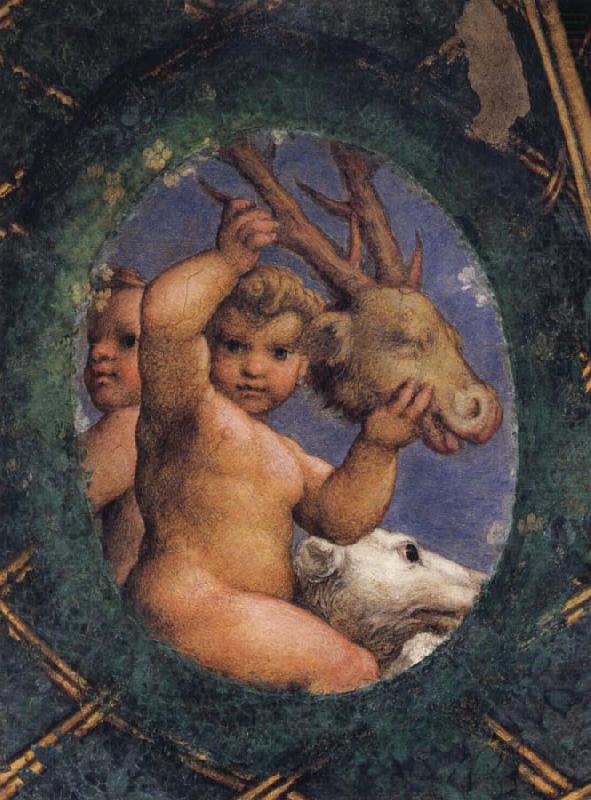 Two ovals depicting a putto with a stag's head and a putto with a greyhound, Correggio