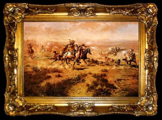 framed  Charles M Russell The Attack on the Wagon Train, ta009-2