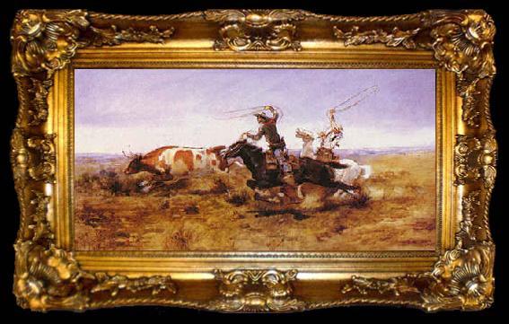 framed  Charles M Russell O.H.Cowboys Roping a Steer, ta009-2