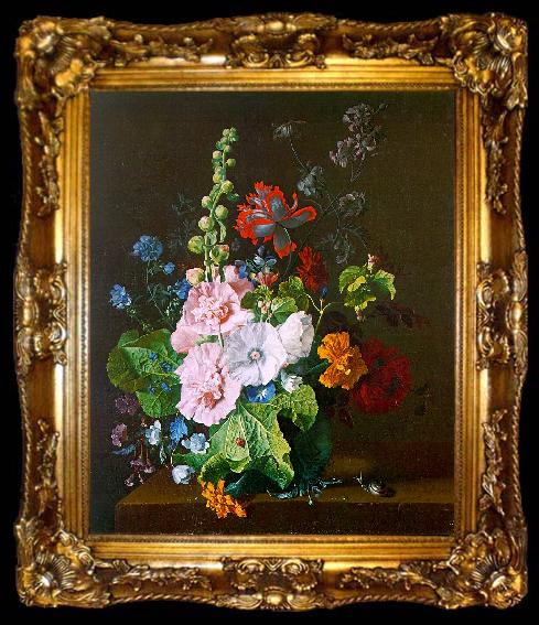 framed  Jan van Huysum Hollyhocks and other Flowers in a Vase, ta009-2