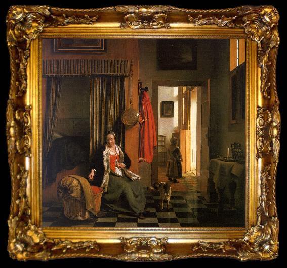 framed  Pieter de Hooch Mother Lacing her Bodice Beside a Cradle, ta009-2