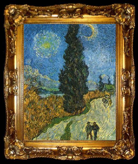 framed  Vincent Van Gogh Road with Cypress and Star, ta009-2