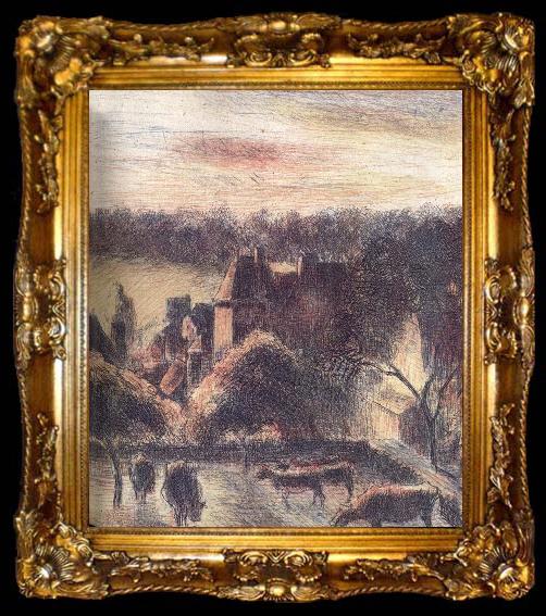 framed  Camille Pissarro Church and farm at Eragny-sur-Epte, ta009-2