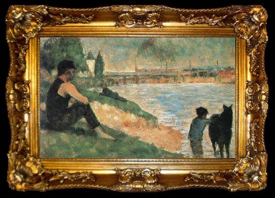 framed  Georges Seurat The Person is Sitting or Lying and black horse, ta009-2