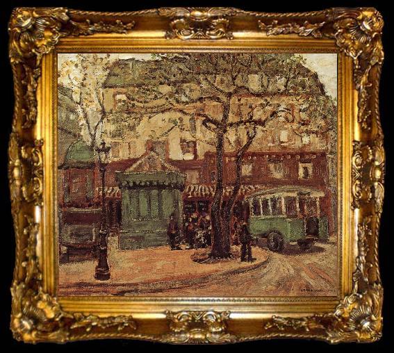 framed  Grant Wood Greenish Bus in Street of Paris, ta009-2
