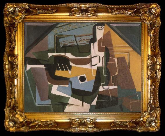 framed  Juan Gris Guitar winebottle and cup, ta009-2