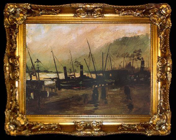 framed  Vincent Van Gogh Quayside wtih Ships in Antwerp (nn04), ta009-2