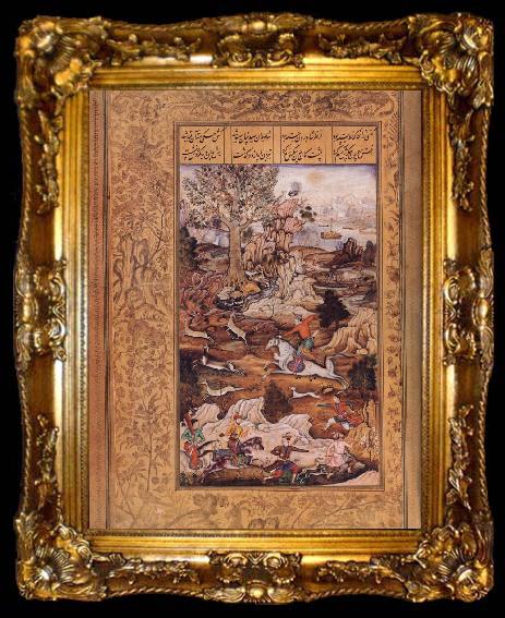 framed  unknow artist Prince Faridun shotts an arrow at a gazelle,an allegory of the ray of divine light piercing the soul, ta009-2