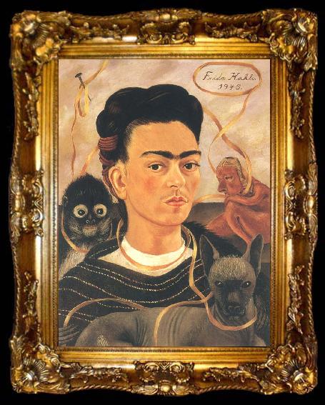 framed  Frida Kahlo The self-portrait of artist and monkey, ta009-2