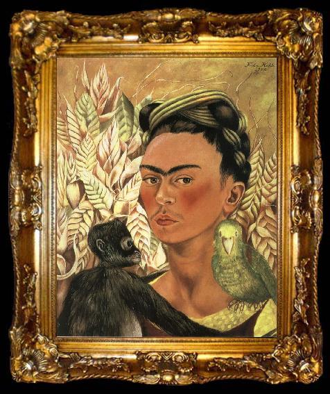 framed  Frida Kahlo The self-portrait of monkey and parrot, ta009-2