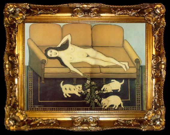 framed  Hirshfield Morris Nude on Sofa with Three Pussies, ta009-2