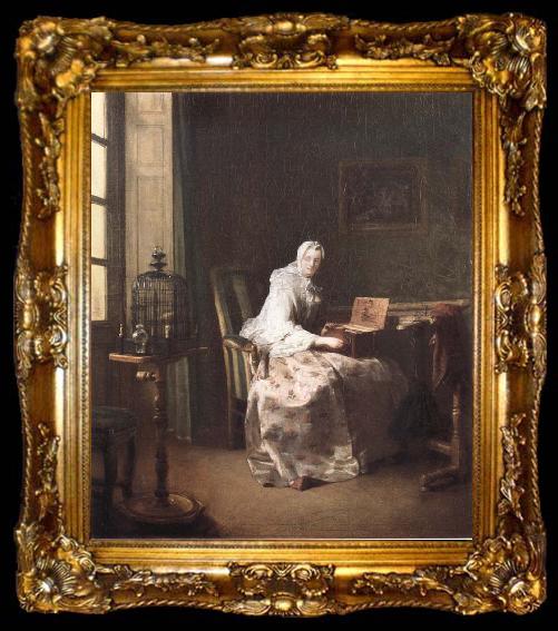 framed  Jean Baptiste Simeon Chardin Lady with a Bird-Organ, ta009-2