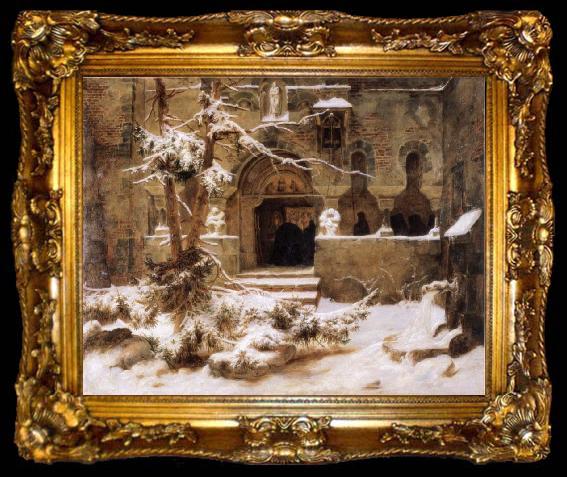framed  Carl Friedrich Lessing Monastery Courtyard in the Snow, ta009-2