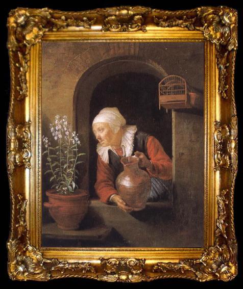 framed  Gerard Dou Old woman at her window,Watering flower, ta009-2