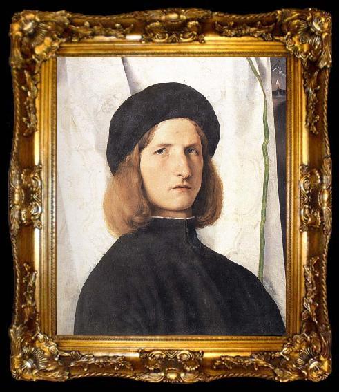 framed  Lorenzo Lotto Portrait of a young man against a white curtain, ta009-2
