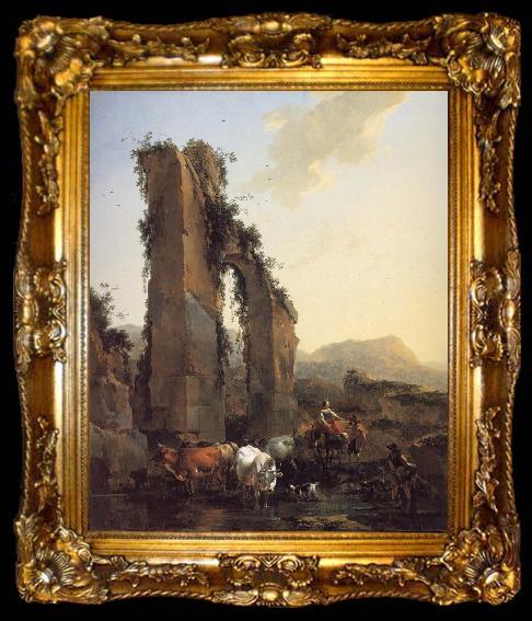 framed  BERCHEM, Nicolaes Peasants with Four Oxen and a Goat at a Ford by a Ruined Aqueduct, ta009-2