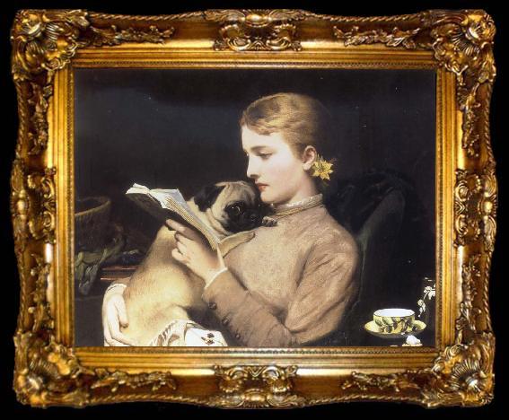 framed  Charles Barber Girl Reading with Pug, ta009-2