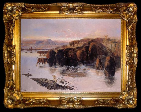 framed  Charles M Russell The Buffalo Herd, ta009-2
