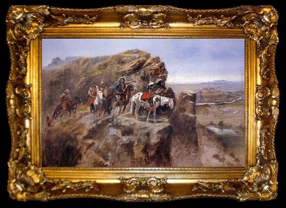 framed  Charles M Russell Indians on a Bluff Surverying General Miles-Troops, ta009-2