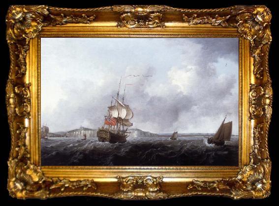 framed  Francis Swaine A large two-decker and a cutter off Dover, ta009-2