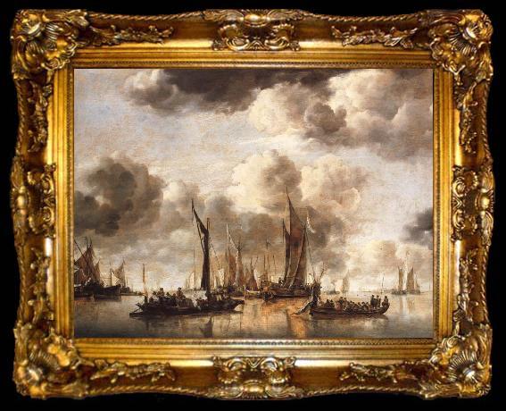framed  Jan van de Cappelle A Dutch Yacht Firing a Salute as a Barge Pulls Away and Many Small vessels at Anchor, ta009-2