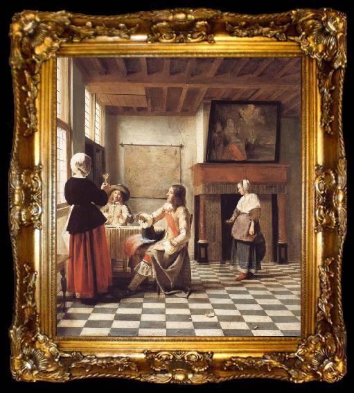 framed  Pieter de Hooch An Interior,with a Woman Drinking with Two Men,and a Maidservant, ta009-2