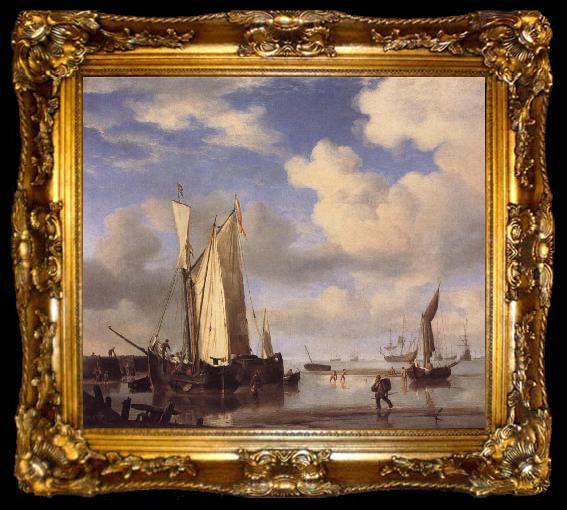 framed  VELDE, Willem van de, the Younger Dutch Vessels Close Inshore at Low Tide,and Men Bathing, ta009-2