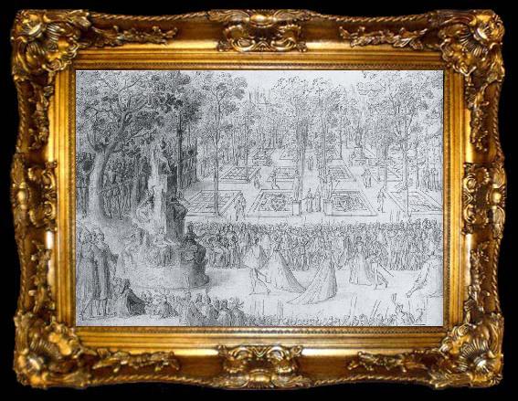 framed  Antoine Caron Court ball following the Ballet of the Provinces of France with a view to gthe gardens of the Tuileries, ta009-2