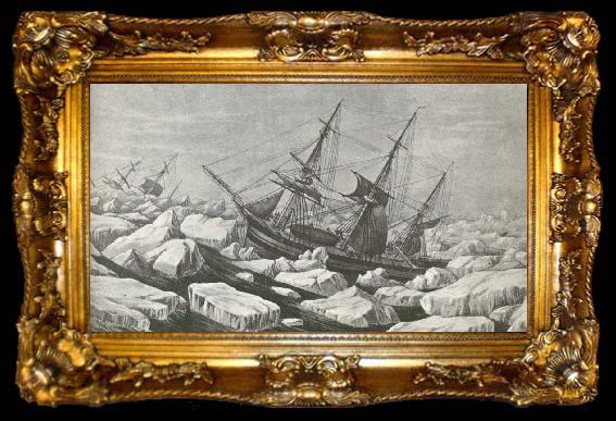framed  unknow artist Erebus and Terror am riding out a tempest in packisen wonder Ross second travel 1842 to Antarctic Continent, ta009-2