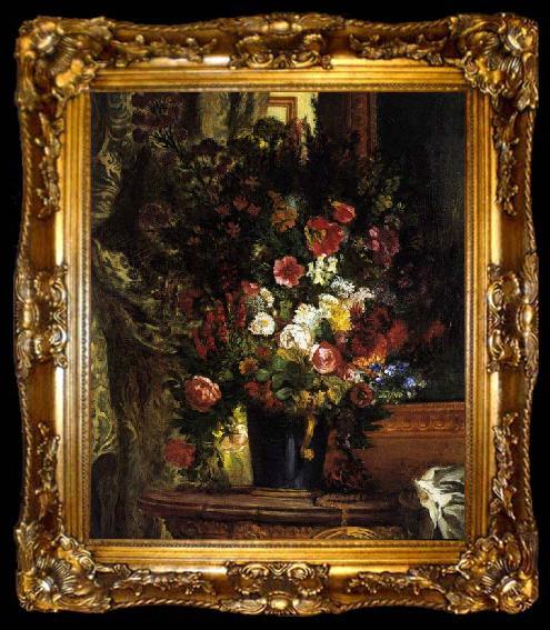framed  Eugene Delacroix A Vase of Flowers on a Console, ta009-2