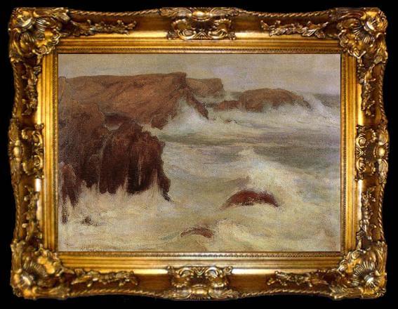 framed  Wladyslaw Podkowinski Rough Sea at Belle-lle, ta009-2