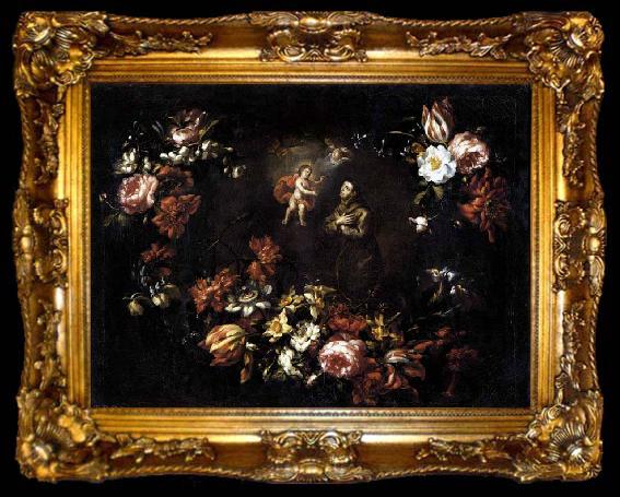 framed  unknow artist Garland of Flowers with St Anthony of Padua, ta009-2