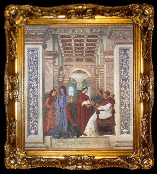 framed  Melozzo da Forli Pope Sixtus IV appoints Platina as Prefect of the Vatican Library (mk45), ta009-2
