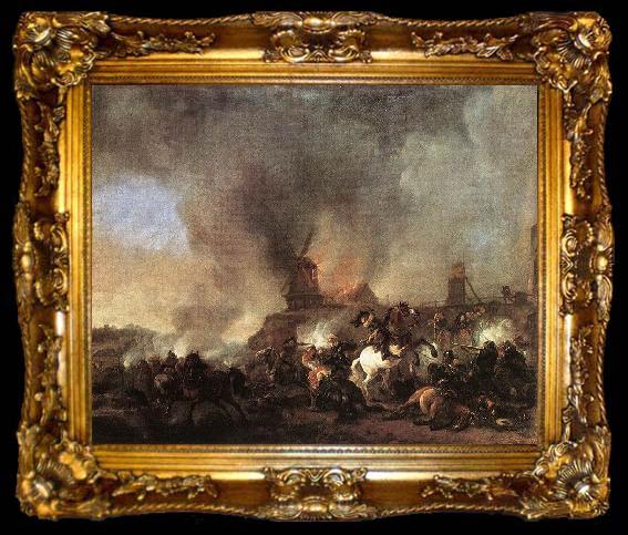 framed  Philips Wouwerman Cavalry Battle in front of a Burning Mill by Philip Wouwerman, ta009-2