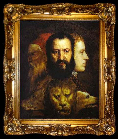framed  Titian The Allegory of Age Governed by Prudence is thought to depict Titian,, ta009-2