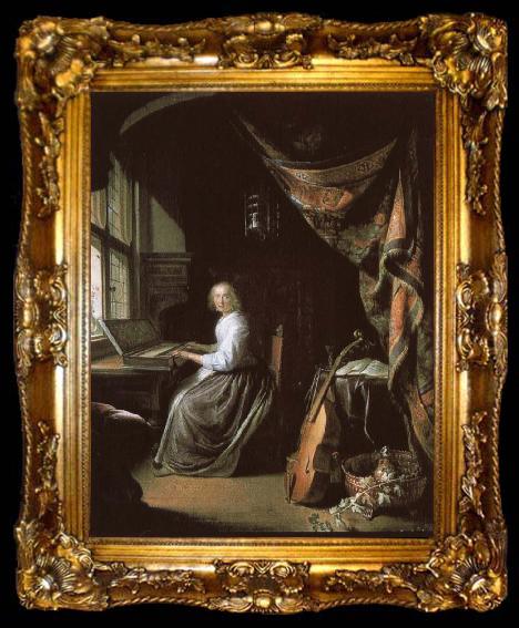 framed  christian schubart a 17th century dutch painting by gerrit dou of woman at the clvichord., ta009-2