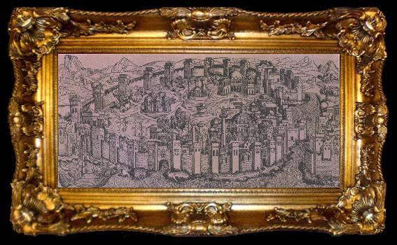 framed  unknow artist den har kartan fran 1493 forestaller konstantinopel med hagia sofia kristenhetens mest beromda kyka till hoger., ta009-2