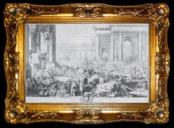 framed  unknow artist kopparstick som visar en allegori over inrattandet  av vetenskaps och konstakadenin i paris., ta009-2