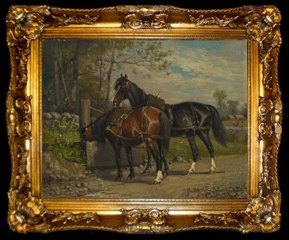 framed  unknow artist Two Horses at a Wayside Trough, ta009-2